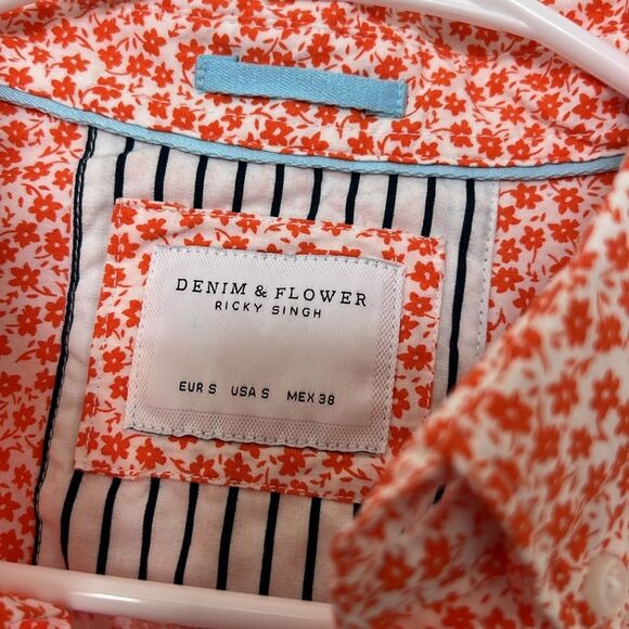 Denim & Flower‎ Floral Button Up Shirt Orange White Short Sleeve Size Small NWT - Picture 2 of 8